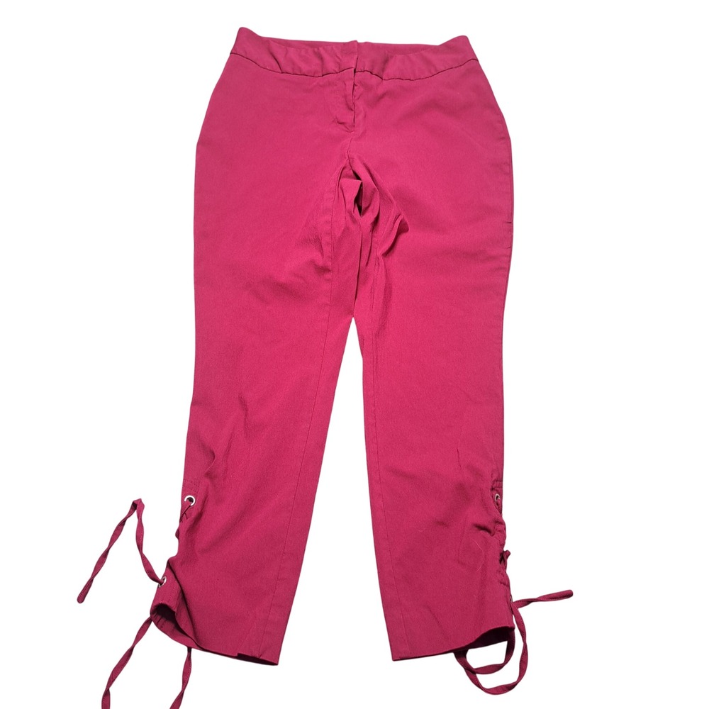 Worthington Magenta Pink Lace Up Hem Cropped Pants Size 2 Stretch Grommet Detail